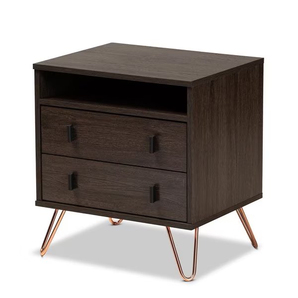 Glover Modern Dark Brown Finished Wood and Rose Gold-Tone Finished Metal 2-Drawer Nightstand, Baxton Studio, Mfr#: 179-11220-Zoro